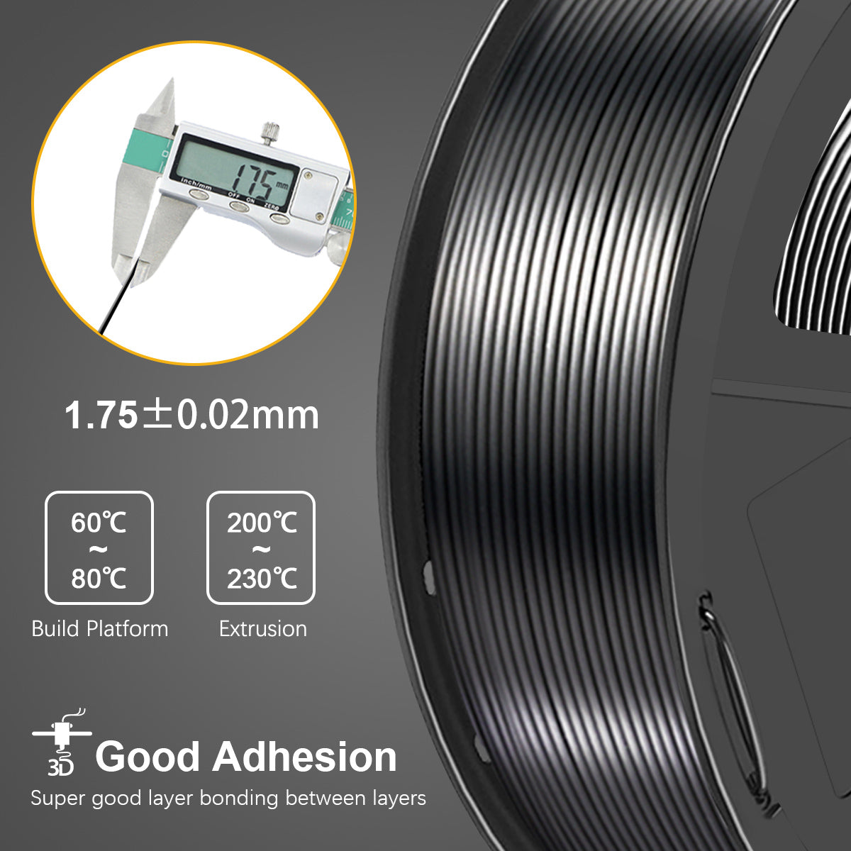 Silk PLA+ 3D Filament 1.75mm Black 1KG/Roll Secondary image