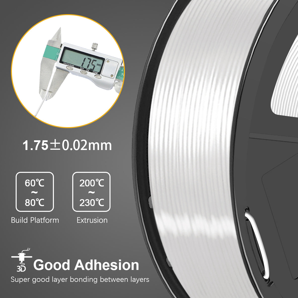 Silk PLA+ 3D Filament 1.75mm White 1KG/Roll Secondary image