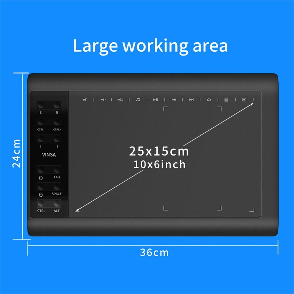 VIN1060PLUS 10x6 inch Digital Drawing Tablet 8192 Pressure Sensitivity Tablet Battery-Free Pen Hand Painted Tablet